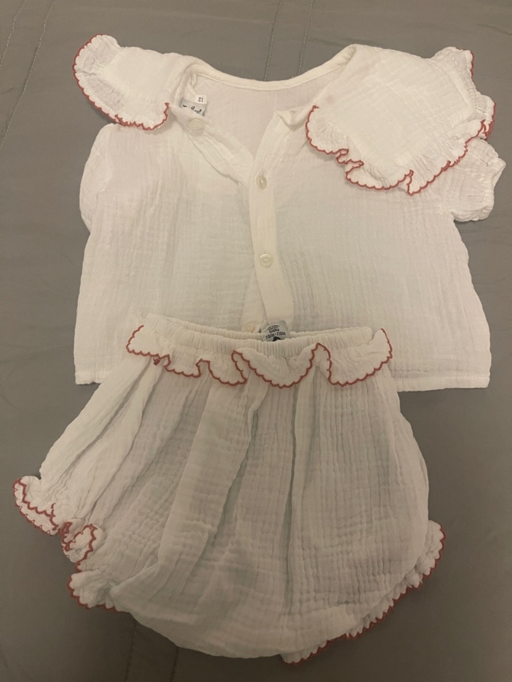 White Cotton Baby Matching Set with Pink Trim -